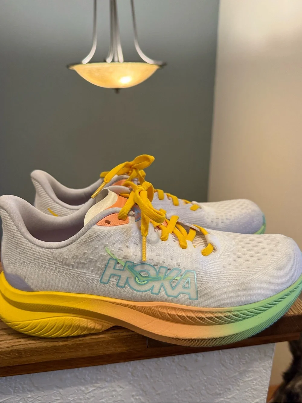 Hoka White Running Shoes with Yellow Laces & Pastel Gradient Midsole - Picture 2 of 7